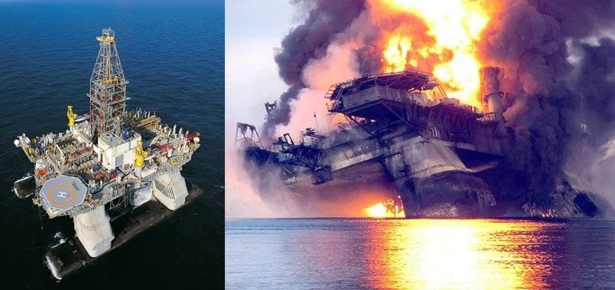A Deepwater Horizon antes e durante o incêndio